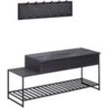 Sitzbank mit Wandgarderobe Schwarz Mango Massivholz Schuhbank 110 cm, Design Garderoben-Set Industrial Flur, Garderobenbank mit Stauraum und