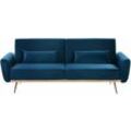 3-Sitzer Sofa Marineblau Samt mit Schlaffunktion 2 Dekokissen Hohe Schlanke Metallbeine Schmale Armlehnen Retro Design Wohnzimmer Schlafsofa