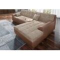 Ecksofa DOMO COLLECTION "Treviso viele Bezüge, auch in Cord, L-Form, B/T/H: 267/80/83 cm", braun (braun, beigebraun), B:267cm H:83cm T:178cm, Kunstleder Softlux / Struktur (90% Polyester; 10% Polyacryl), Microfaser-Primabelle (100% Polyester) / Struktur (90% Polyester; 10% Polyacryl), Sofas, wahlweise mit Bettfunktion, incl. Zierkissen, hochwertige Steppung