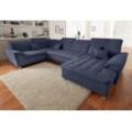 Wohnlandschaft DOMO COLLECTION "Franzi wahlweise mit Kopfteilverstellung Bettfunktion, Bettkasten", blau (marine), B:352cm H:80cm T:214cm, Flachgewebe (100% Polyester), Chenille (100% Polyester), Sofas, im XXL-Format B/T/H: 352/214/80 cm, Steppung im Sitz, U-Form