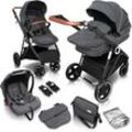 Kombi-Kinderwagen BABYGO "Halime 3in1, Grey Black" grau (grey black) Baby Kinderwagen Kombikinderwagen inklusive Babywanne, Babyschale, Regenhaube & Wickeltasche