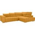 Ecksofa EXXPO - SOFA FASHION "Elias, aktuelle Kreuzsteppung im Sitz, bequem, L-Form", gelb (mustard), B:307cm H:94cm T:201cm, Struktur ( 100% Polyester), Sofas, mit Kopf- bzw. Rückenverstellung, wahlweise mit Bettfunktion