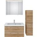 Badmöbel-Set SAPHIR "Balto Sprint 3-teilig, Mineralmarmor-Waschtisch mit LED-Spiegelschrank", braun (riviera eiche quer nachbildung), B:122cm H:200cm T:50,8cm, Spanplatte, Kastenmöbel-Sets, Badezimmer Set mit Midischrank, inkl Türdämpfer, 4 Türen, 4 Schubladen