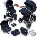 Kombi-Kinderwagen BABYGO "Halime 3in1, Blue Silver" blau (blue silver) Baby Kinderwagen Kombikinderwagen inklusive Babywanne, Babyschale, Regenhaube & Wickeltasche