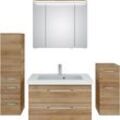 Badmöbel-Set SAPHIR "Balto Sprint 4-teilig, Mineralmarmor-Waschtisch mit LED-Spiegelschrank", braun (riviera eiche quer nachbildung), B:152cm H:200cm T:50,8cm, Spanplatte, Kastenmöbel-Sets, Midischrank und Unterschrank, inkl Türdämpfer, 5 Türen, 5 Schubladen