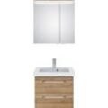 Badmöbel-Set SAPHIR "Balto Sprint 2-teilig, Mineralmarmor-Waschtisch mit LED-Spiegelschrank", braun (riviera eiche quer nachbildung), B:70cm H:200cm T:46cm, Spanplatte, Kastenmöbel-Sets, Badezimmer Set inkl. Türdämpfer, 70 cm breit, 2 Türen, 2 Schubladen