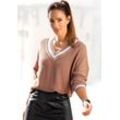 V-Ausschnitt-Pullover LASCANA Gr. 32/34, braun (camelfarben) Damen Pullover mit Streifen-Details, weicher Strickpullover, casual-chic