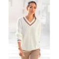 V-Ausschnitt-Pullover LASCANA, Damen, Gr. 32/34, beige (creme), Strick, Obermaterial: 50% Baumwolle, 50% Polyacryl, unifarben mit Farbeinsatz, casual, figurumspielend hüftlang, V-Ausschnitt, Langarm Rippstrickbündchen, Pullover, mit Streifen-Details, weicher Strickpullover, casual-chic