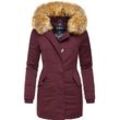 Wintermantel MARIKOO "Karmaa", Damen, Gr. S (36), rot (weinrot), Obermaterial: 100% Polyester, Futter: 100% Polyester, Wattierung: 100% Polyester, Ärmelfutter: 100% Polyester, Kunstfell: 90% Polyacryl, 10% Polyester, elegant, figurbetont Po-bedeckend, Langarm Ärmel ohne Ärmelschlitz Rippstrickbündchen, Mäntel, edler Parka mit Kunstfellkapuze