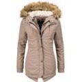 Wintermantel MARIKOO "Akira" Gr. L (40), grau (taupe) Damen Mäntel edler Winterparka mit Kunstfellkapuze