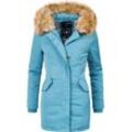 Wintermantel MARIKOO "Karmaa" Gr. XS (34), blau (hellblau) Damen Mäntel edler Parka mit Kunstfellkapuze