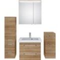 Badmöbel-Set SAPHIR "Balto Sprint 4-teilig, Mineralmarmor-Waschtisch mit LED-Spiegelschrank", braun (riviera eiche quer nachbildung), B:130cm H:200cm T:46cm, Spanplatte, Kastenmöbel-Sets, mit Unterschrank, Midischrank, inkl. Türdämpfer, 4 Türen, 5 Schubladen