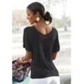 Strandshirt LASCANA, Damen, Gr. 40/42, schwarz, Jersey, Obermaterial: 95% Viskose, 5% Elasthan. Spitze: 100% Baumwolle, unifarben, modisch, figurumspielend hüftbedeckend, Rundhals, Shirts, mit Häkeleinsatz am Rücken, T-Shirt, weite Passform, luftig und locker