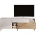 Lowboard INOSIGN "Monaco Breite 181 cm, TV-Board mit 1 Tür, 1 Klappe u. 1 Schubkasten", weiß (weiß hochglanz lack, eiche cadiz nb), B:181cm H:67cm T:42cm, Sideboards, Fernsehtisch, TV-Schrank, Soft/Self Closing