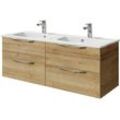 Waschtisch SAPHIR "Serie 6025 Mineralmarmor-Waschtisch mit Unterschrank, 132 cm breit", braun (riviera eiche, riviera eiche quer nb), B:132cm H:49,9cm T:48cm, Waschtische, Doppel-Waschplatz mit 4 Schubladen, hängend, verschiedene Ausführungen