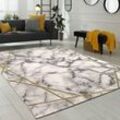 Teppich Wohnzimmer Kurzflor Modernes Abstraktes Muster Marmor Optik Grau Gold 200 cm Rund - Paco Home