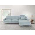 Ecksofa 3C CANDY "Lecce, wahlweise PUR-Schaumstoff oder Tonnentaschenfederkern", blau (hellblau), B:281cm H:86cm T:194cm, 100% Polyester, Sofas, Bett im 2,5-Sitzer, teilmotorische Schlaffunktion im Longchair, L-Form