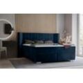 Boxspringbett PLACES OF STYLE "Piazza", blau (dunkelblau), B:141cm L:210cm, Strukturstoff-Bezug (100% Polyester), Samtvelours (100% Polyester), Komplettbetten, Boxspringbett, mit Steppung und Kopfteil mit seitlichen Flügeln
