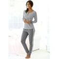 Pyjama S.OLIVER, Damen, Gr. 32/34, grau (grau, meliert, ecru, gestreift), Jersey, Obermaterial: 95% Baumwolle, 5% Elasthan, gestreift, meliert, Basic, slim fit lang, Rundhals, Langarm eingesetzt Bündchen, Homewear-Sets, mit seitlichen Streifen am Bein