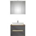 Badmöbel-Set SAPHIR "Quickset 2-teilig, Keramik-Aufsatzbecken mit LED-Spiegelschrank", grau (quarzgrau matt touch, quarzgrau matt, akzent riviera eiche quer nb), Kastenmöbel-Sets, Waschplatz 80 cm breit, inkl. Türdämpfer, 3 Türen, 2 Schubladen