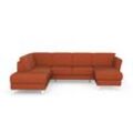 Wohnlandschaft SIT & MORE "Visby U-Form", orange (terra), B:303cm H:87cm T:213cm, Sofas, Wahlweise mit Bettfunktion und Stauraum, frei im Raum stellbar