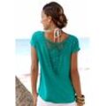 Strandshirt LASCANA Gr. 32/34, blau (türkis) Damen Shirts mit Spitzeneinsatz, T-Shirt, lockere Passform, casual-chic