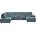 Wohnlandschaft CALIZZA INTERIORS "Onyx U-Form" Sofas Gr. B/H/T: 335cm x 90cm x 196cm, Microfaser, Recamiere rechts, ohne Bettfunktion ohne Bettkasten, blau (16 steel) wahlweise mit Bettfunktion und Bettkasten