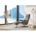 Relaxsessel STRESSLESS "View", grau (wild dove batick), B:82cm H:109cm T:81cm, Leder BATICK: BATICK ist ein leicht korrigiertes, durchgefärbtes und genarbtes Möbelleder, bei dem die meisten Unebenheiten und Spuren in der Regel entfernt wurden., Sessel, mit Hocker, mit Cross Base, Größe S, M & L, Holzakzent Eiche