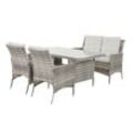 Dining-Set Loungeset Parma 4-teilig, Polyrattan Gartenmöbel Sofa- Set, Kissen Grau