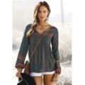 Schlupfbluse BUFFALO, Damen, Gr. 32, blau (petrol, bedruckt), Web, Obermaterial: 100% Viskose, bedruckt, modisch, figurumspielend hüftlang, V-Ausschnitt, Langarm mit Gummizug, Blusen, mit Ethnodruck und Zierperlen, Boho-Style, Langarmbluse, Topseller