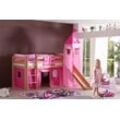 Halbhohes Spielbett ALEX mit Rutsche/Turm Buche massiv natur lackiert mit Stoffset pink/herz