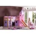 Halbhohes Spielbett ALEX mit Rutsche/Turm Buche massiv natur lackiert mit Stoffset purple/rosa