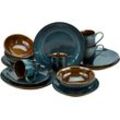 Kombiservice CREATABLE "Geschirr-Set Mallorca", blau (blau, braun), 16 tlg., Steinzeug, Geschirr-Sets, Service, Töpfereicharakter, 16 Teile, für 4 Personen