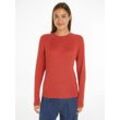 Rundhalspullover TOMMY HILFIGER "CO CABLE C-NK SWEATER" Gr. L (40), rot (terra red) Damen Pullover mit Zopfmuster