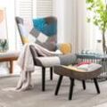 Relaxsessel mit Hocker Patchwork Sessel Ohrensessel Holz Sessel Wohnzimmer, moderner Fernsehsessel Loungesessel Stuhl Patchwork Leinen Massivholzfüße