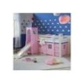 Homestyle4u Hochbett Kinderbett mit Leiter und Vorhang Weiß Rosa Holz Kiefer mit Rutsche und Turm, weiß