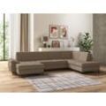 Wohnlandschaft DOMO COLLECTION "Capelo U-Form", braun (cappucino), B:348cm H:84cm T:204cm, 49% Polyester, 34% Viskose, 9% Leinen, 8% Polyacryl, Sofas, mit Armteilverstellung, wahlweise mit Bettfunktion, Federkern