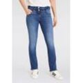 Bootcut-Jeans HERRLICHER "Jeans Baby Cropped Org Dnm" Gr. 26, N-Gr, blau (timeless), Damen, Denim/Jeans, Obermaterial: 97% Baumwolle, 3% Elasthan, Jeans, in cropped Länge mit ausgefranstem Saum