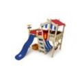 Wickey Kinderbett Crazy Hutty - Spielbett mit Rutsche 90 x 200 cm, Etagenbett (Holzpaket aus Pfosten und Brettern, Spielbett für Kinder), Massivholzbett, blau|rot