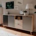 Toscohome Sideboard 180x88,3h cm mit 3 Türen 2 Schubladen anthrazit Eiche und grau Epik 52