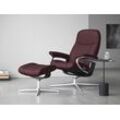 Relaxsessel STRESSLESS "Consul", rot (bordeaux batick), B:78cm H:97cm T:70cm, Leder BATICK: BATICK ist ein leicht korrigiertes, durchgefärbtes und genarbtes Möbelleder, bei dem die meisten Unebenheiten und Spuren in der Regel entfernt wurden., Sessel, mit Hocker, mit Cross Base, Größe S, M & L, Holzakzent Schwarz