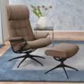 Relaxsessel STRESSLESS "London", braun (schwarz beige q2 faron), B:80cm H:116cm T:71cm, Leder BATICK: durchgefärbtes und genarbtes Möbelleder, Leder PALOMA: durchgefärbtes Semianilin-Möbelleder, ROHLEDER Stoff Q2 FARON (100% Polyester im Flor, Grundgewebe: 50% Polyester, 50% Polyacryl), Sessel, mit Hocker, High Back, mit Star Base, Gestell Schwarz