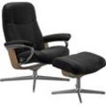 Relaxsessel STRESSLESS "Garda", schwarz (schwarz batick), B:91cm H:102cm T:79cm, Leder BATICK: BATICK ist ein leicht korrigiertes, durchgefärbtes und genarbtes Möbelleder, bei dem die meisten Unebenheiten und Spuren in der Regel entfernt wurden., Sessel, mit Hocker, mit Cross Base, Größe M & L, Holzakzent Eiche