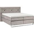 Boxspringbett "Dubai", grau (d 041 grau), B:197cm L:214cm, GALLERY M BRANDED BY MUSTERRING, Komplettbetten, Boxspringbett, Kufe in Chrom, 3 Härtegrade, Kopfteil mit Knopfheftung