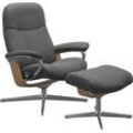 Relaxsessel STRESSLESS "Garda", grau (grau batick), B:82cm H:102cm T:72cm, Leder BATICK: BATICK ist ein leicht korrigiertes, durchgefärbtes und genarbtes Möbelleder, bei dem die meisten Unebenheiten und Spuren in der Regel entfernt wurden., Sessel, mit Hocker, mit Cross Base, Größe M & L, Holzakzent Eiche