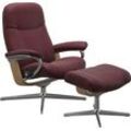 Relaxsessel STRESSLESS "Garda", rot (bordeaux batick), B:91cm H:102cm T:79cm, Leder BATICK: BATICK ist ein leicht korrigiertes, durchgefärbtes und genarbtes Möbelleder, bei dem die meisten Unebenheiten und Spuren in der Regel entfernt wurden., Sessel, mit Cross Base, Größe M & L, Holzakzent Eiche