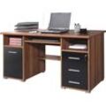 Computertisch GERMANIA "0484", braun (wallnusfarben, schwarz), B:140cm H:75cm T:70cm, Tische, Schreibtisch mit Tastaturauszug & abschließbarem Schubkasten, B.145 cm