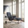 Relaxsessel STRESSLESS "Mayfair", blau (atlantic blau batick), B:83cm H:102cm T:74cm, Leder BATICK: BATICK ist ein leicht korrigiertes, durchgefärbtes und genarbtes Möbelleder, bei dem die meisten Unebenheiten und Spuren in der Regel entfernt wurden., Sessel, mit Hocker, mit Cross Base, Größe S, M & L, Holzakzent Wenge