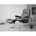 Relaxsessel STRESSLESS "Consul", schwarz (schwarz batick), B:91cm H:102cm T:79cm, Leder BATICK: BATICK ist ein leicht korrigiertes, durchgefärbtes und genarbtes Möbelleder, bei dem die meisten Unebenheiten und Spuren in der Regel entfernt wurden., Sessel, mit Hocker, mit Cross Base, Größe S, M & L, Holzakzent Schwarz