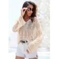 Strandpullover S.OLIVER, Damen, Gr. 32/34, beige (sand), Strick, Obermaterial: 60% Baumwolle, 40% Polyester, unifarben, leicht transparent, modisch, figurumspielend hüftlang, tiefer V-Ausschnitt, Langarm weit, Pullover, mit semi-transparentem Ajourmuster, sommerlicher Strickpullover, Topseller